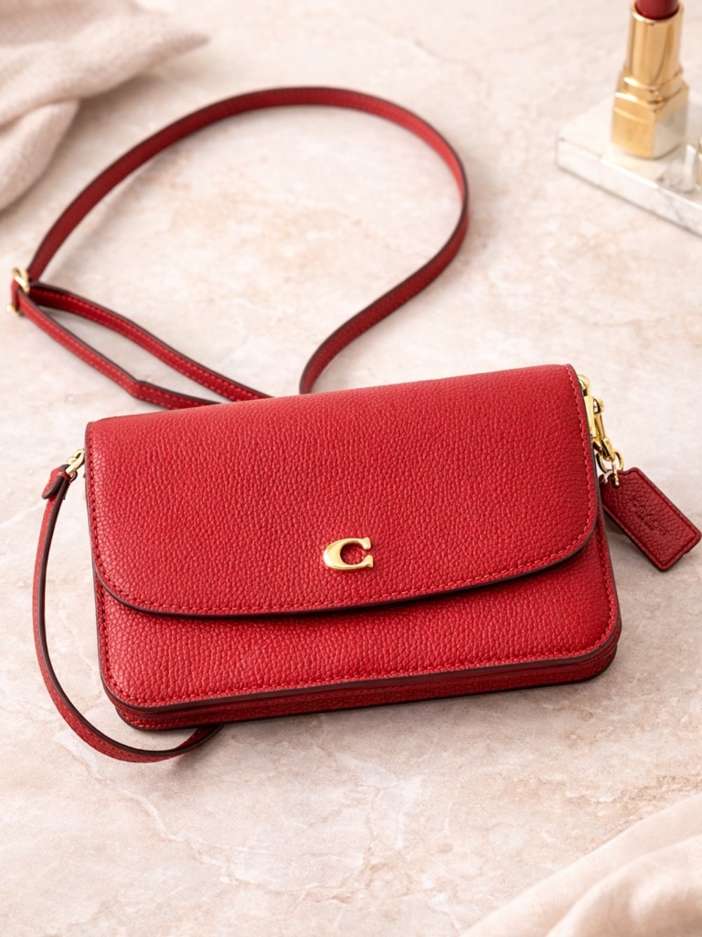 Coach Red Pebbled Leather Convertible Crossbody Clutch Wallet Gold Logo